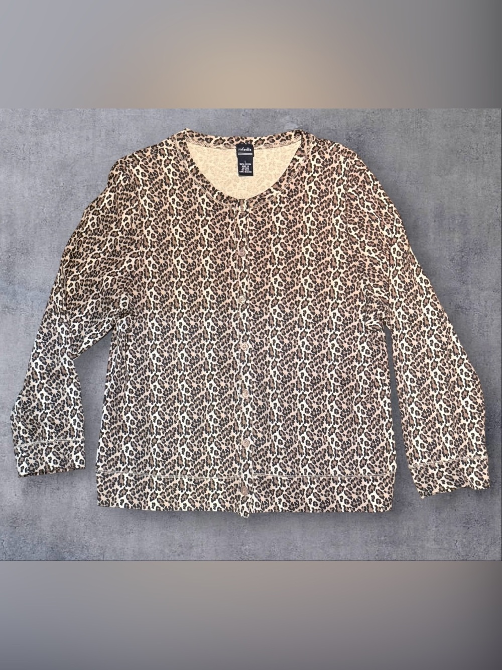 Rafaella Womens L Leopard Print Cardigan Sweater Cotton Button Front